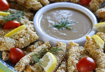 Crispy Sesame Seed Fish Strips with Creamy Peanut Butter Satay