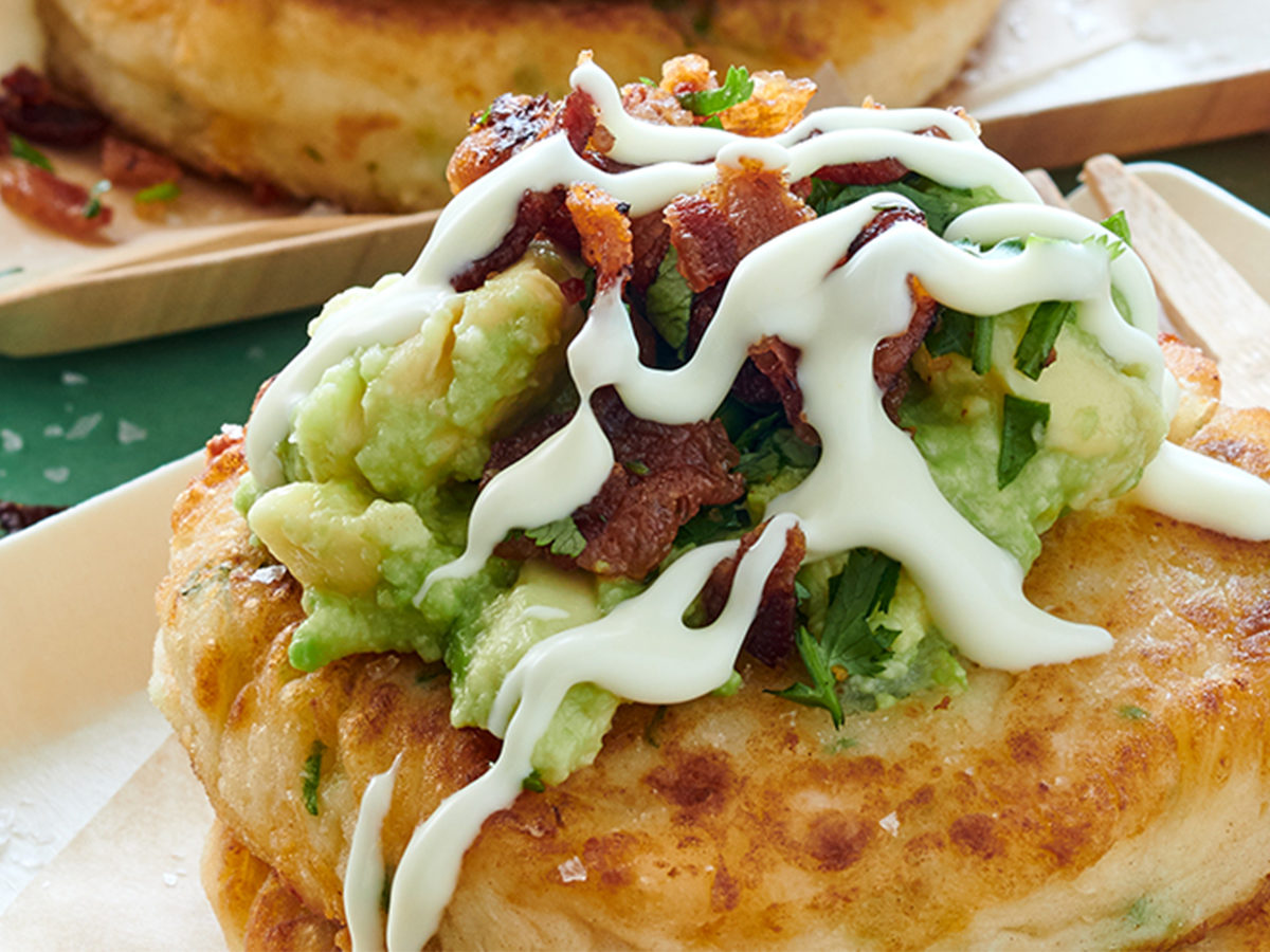 Potato Cake with Smashed Avo and Crispy Bacon Bits