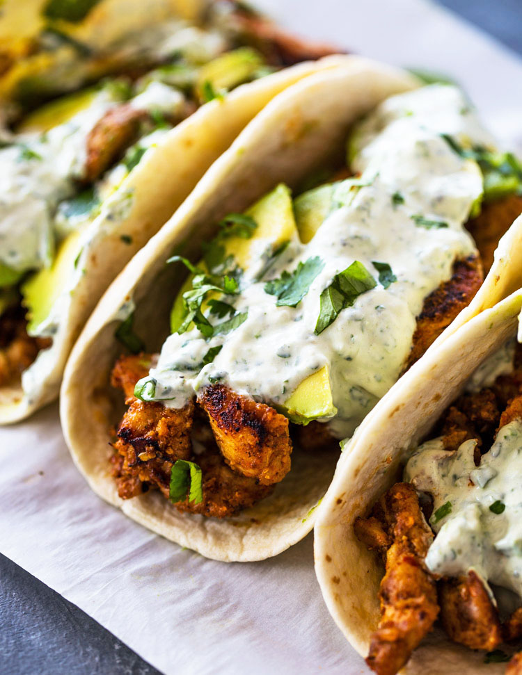 OPEN CHICKEN TACO WITH GUACAMOLE & CHARRED CORN