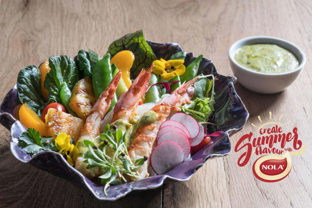 PRAWN CALYPSO WITH GREEN PEACH DRESSING